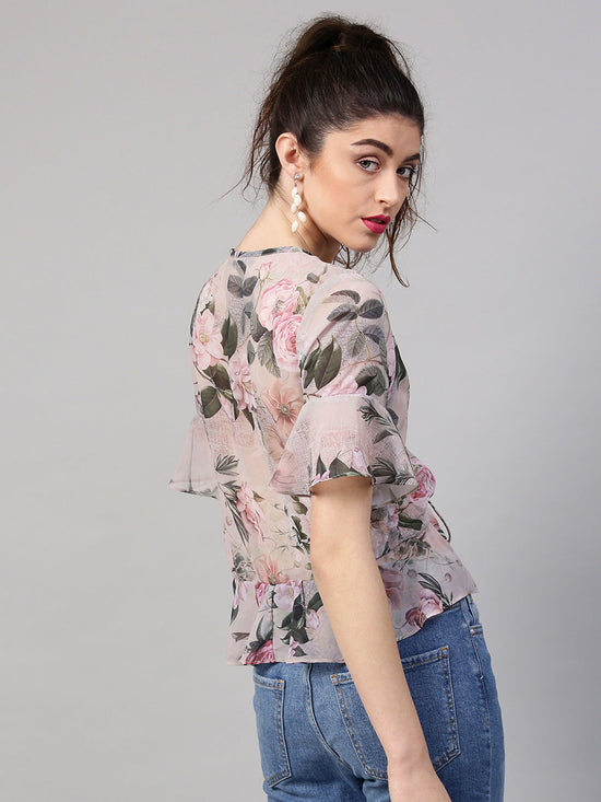 Pista Green Floral Ruched Front Crop Top