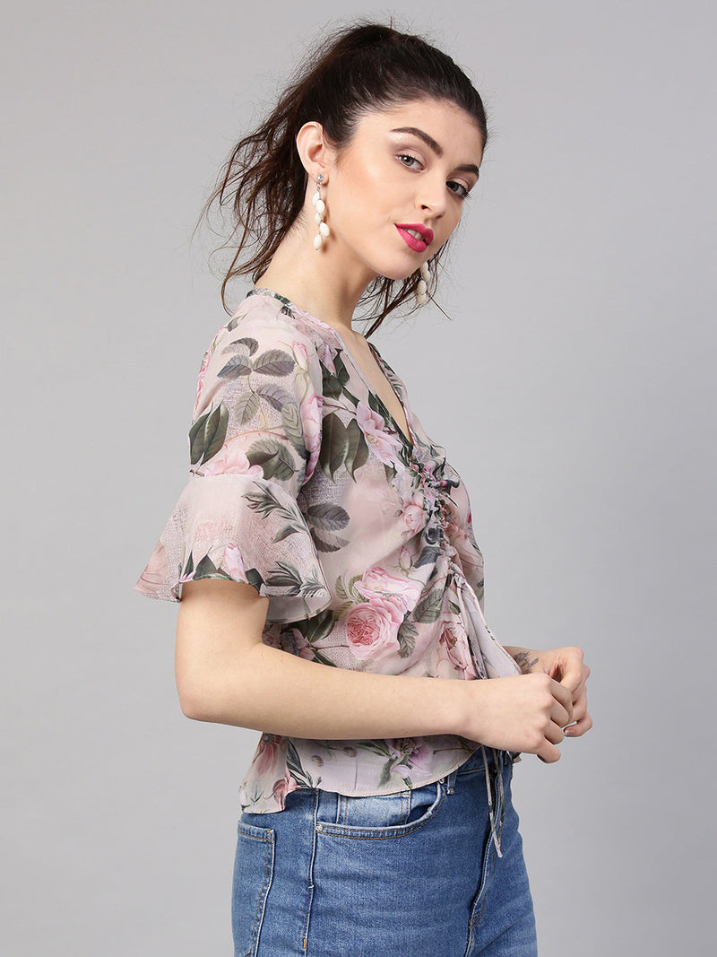 Pista Green Floral Ruched Front Crop Top