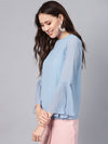 Blue Pleated Sleeve Frill Hem Top