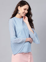 Blue Pleated Sleeve Frill Hem Top