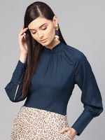 Navy Pleated Collar Top