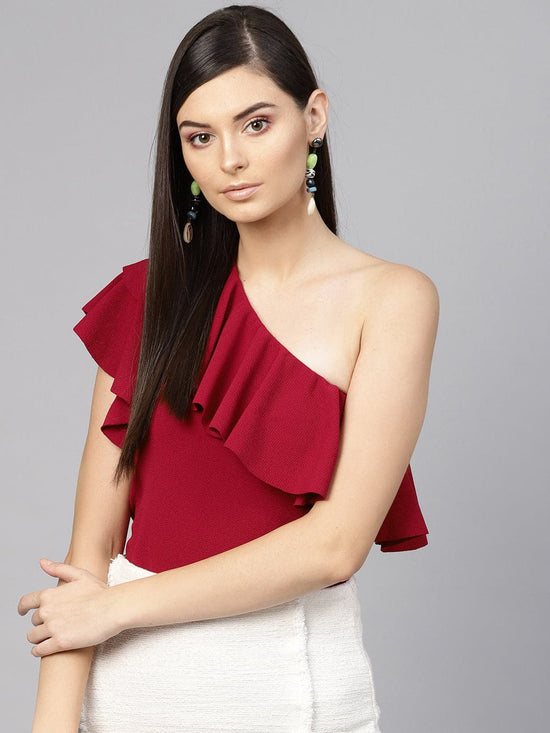 Maroon One Shoulder Ruffle Top