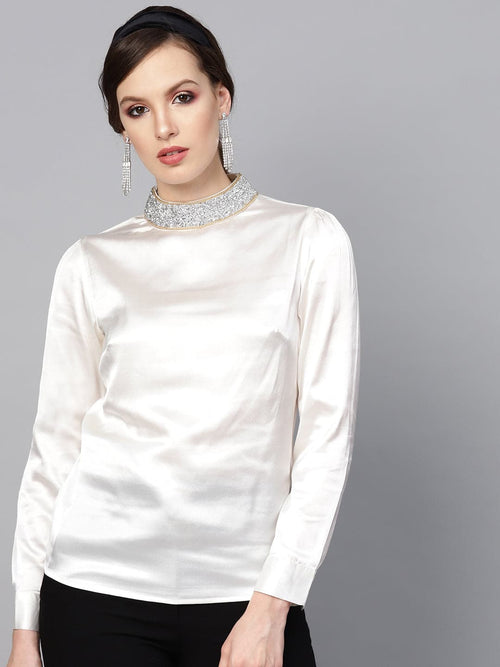 Ivory Satin Blingy Neck Top