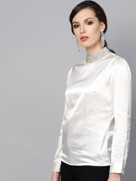 Ivory Satin Blingy Neck Top