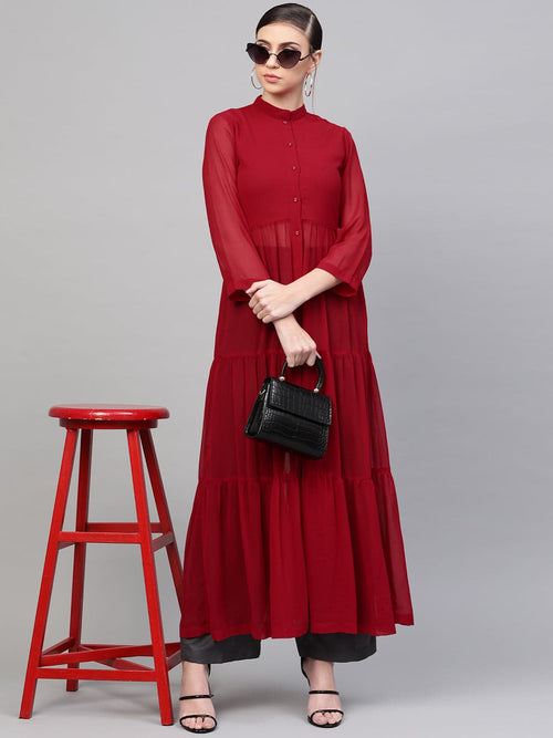 Red Front Open Sheer Tiered Maxi Top