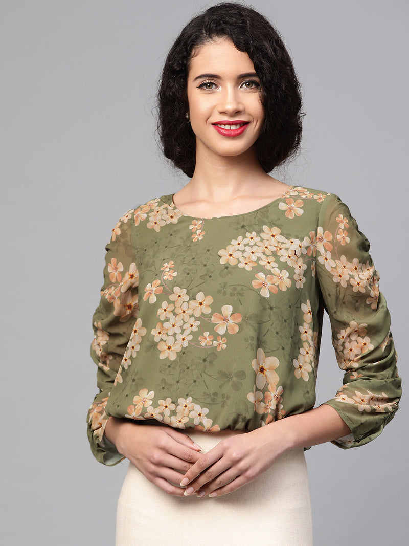 Moss Green Floral Rouched Sleeves Crop Top