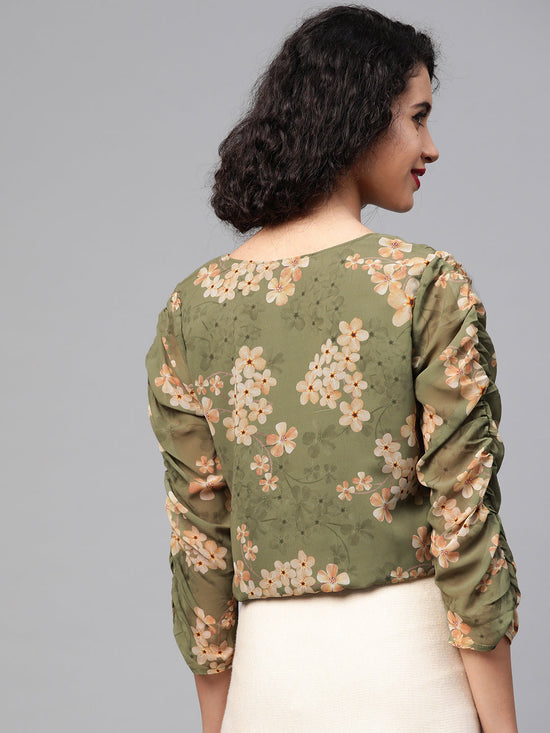 Moss Green Floral Rouched Sleeves Crop Top