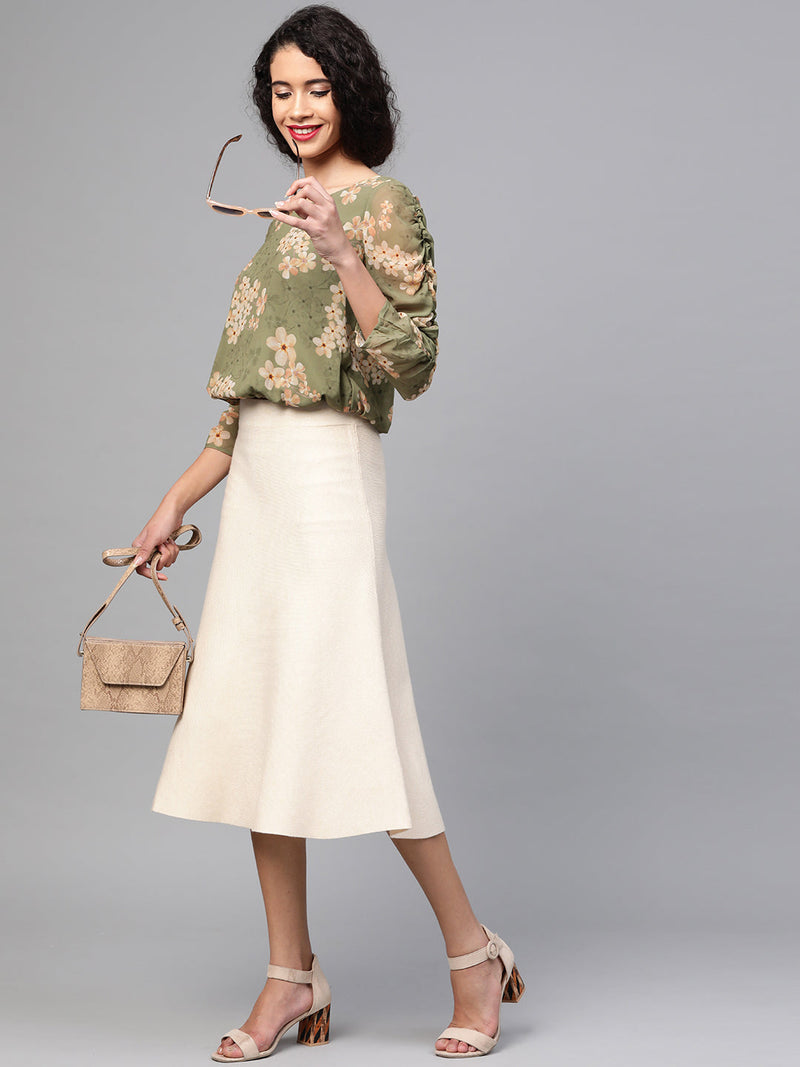 Moss Green Floral Rouched Sleeves Crop Top