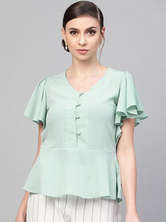 Sea Green Front Button Peplum Top