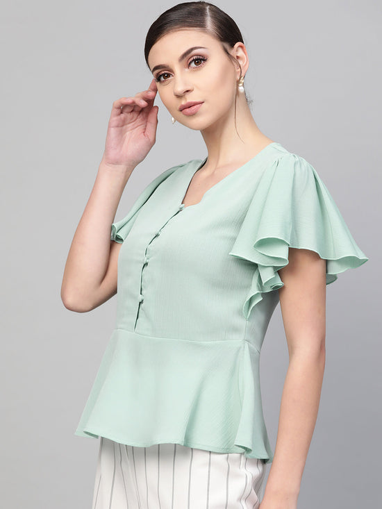 Sea Green Front Button Peplum Top