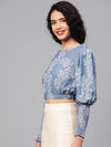 Dark Blue Floral Smocking Sleeve Crop Top