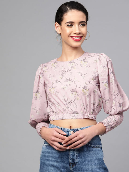 Lilac Floral Smocking Sleeve Crop Top