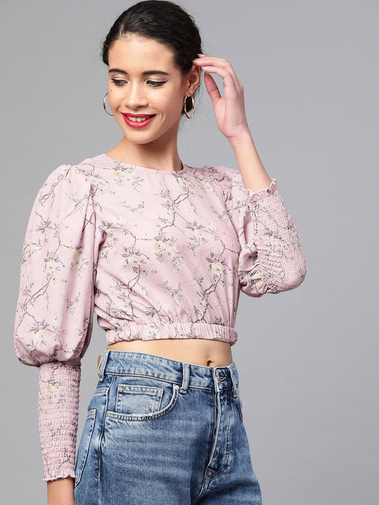 Lilac Floral Smocking Sleeve Crop Top