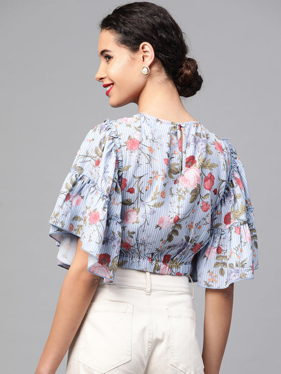 Blue Striped Floral Flare Sleeve Crop Top