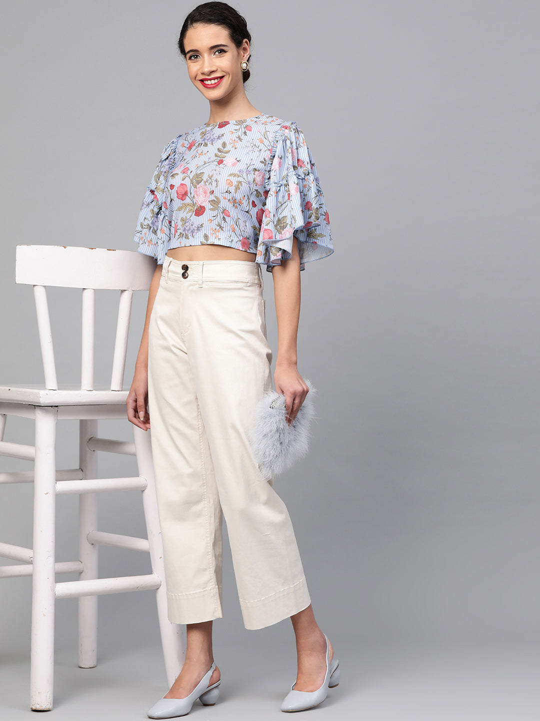 Buy Women Blue Striped Floral Flare Sleeve Crop Top Online At Best