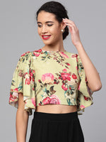 Green Floral Flare Sleeve Crop Top