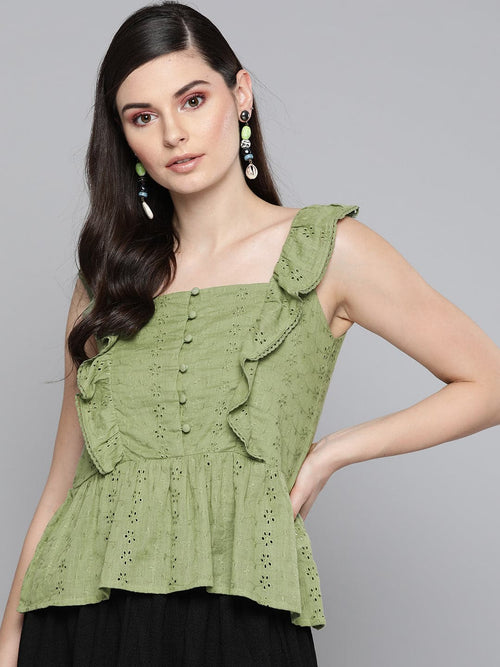 Olive Schiffli Button Peplum Top