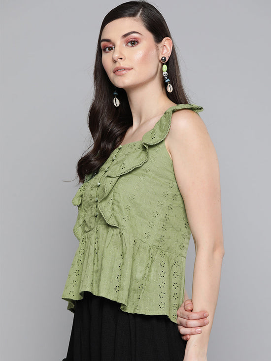 Olive Schiffli Button Peplum Top