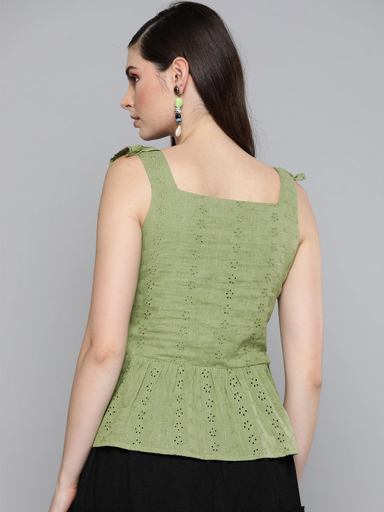 Olive Schiffli Button Peplum Top