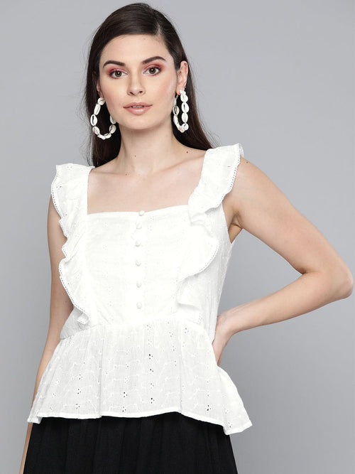 White Schiffli Button Peplum Top