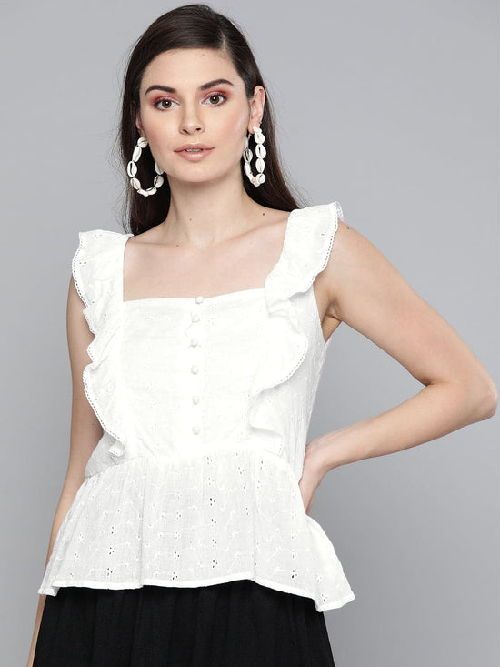 White Schiffli Button Peplum Top