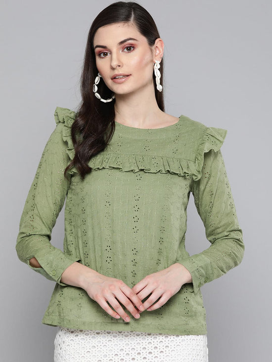 Olive Schiffli Front Yoke Top