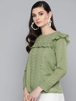 Olive Schiffli Front Yoke Top