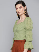 Olive Schiffli Bishop Sleeve Crop top