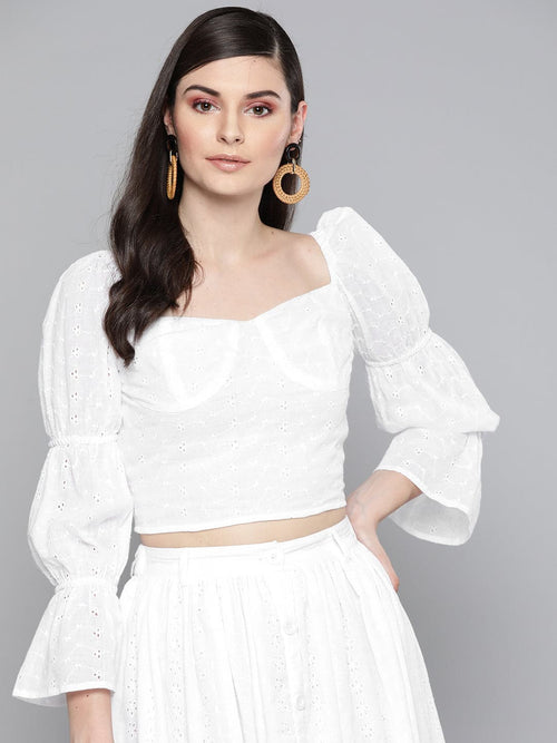 White Schiffli Bishop Sleeve Crop top