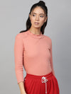 Peach Rib High Neck Full Sleeve Top