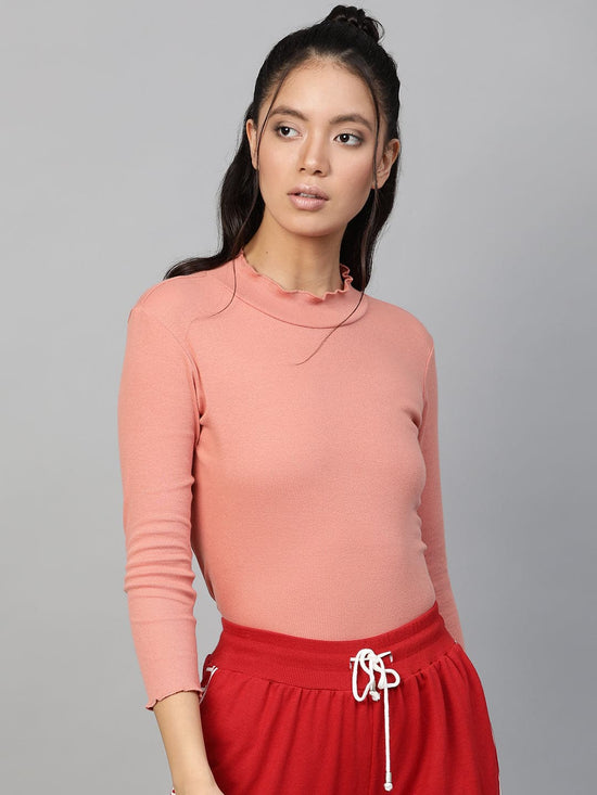 Peach Rib High Neck Full Sleeve Top