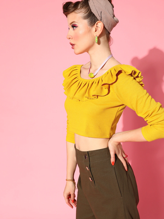 Women Mustard Frilly Neck Rib Crop Top