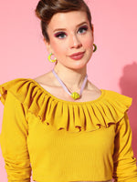 Women Mustard Frilly Neck Rib Crop Top