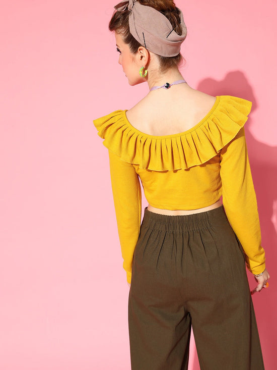 Women Mustard Frilly Neck Rib Crop Top