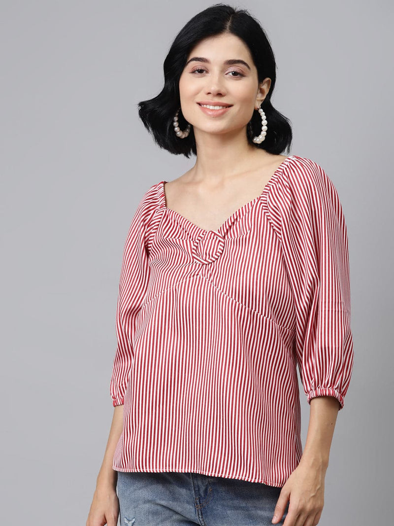 Red Stripes Puff Sleeves Top