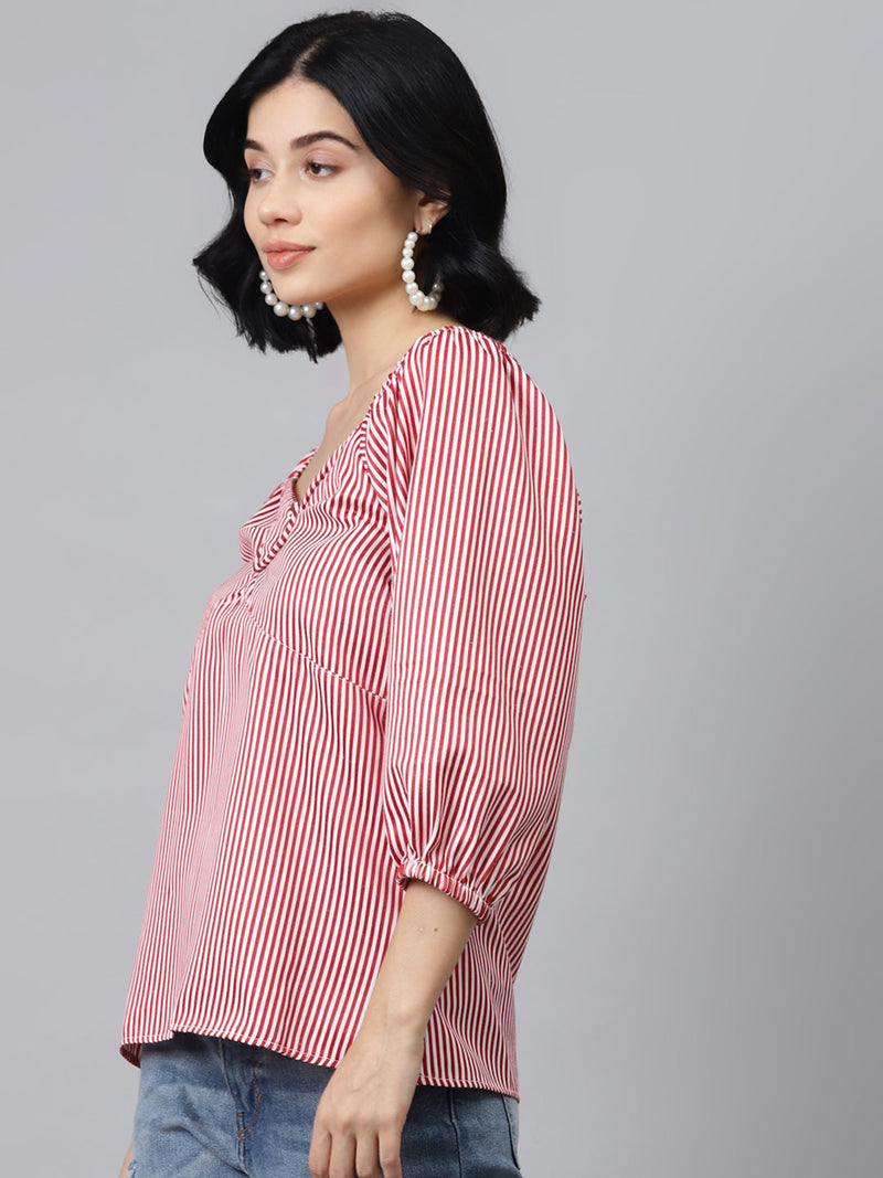 Red Stripes Puff Sleeves Top