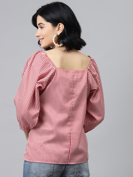 Red Stripes Puff Sleeves Top