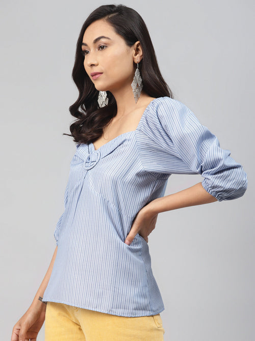 Blue Stripe Puff Sleeve Top