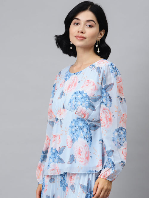 Light Blue Floral Peplum Top