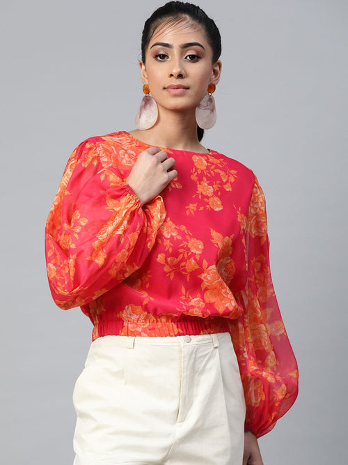 Fuchsia Floral Balloon Sleeve Crop Top