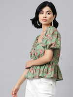 Green Floral Front Button Peplum Top