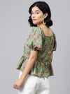 Green Floral Front Button Peplum Top