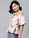 Nude Floral Front Button Peplum Top