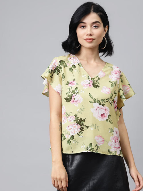 Mint Green Floral Flared Sleeve Top