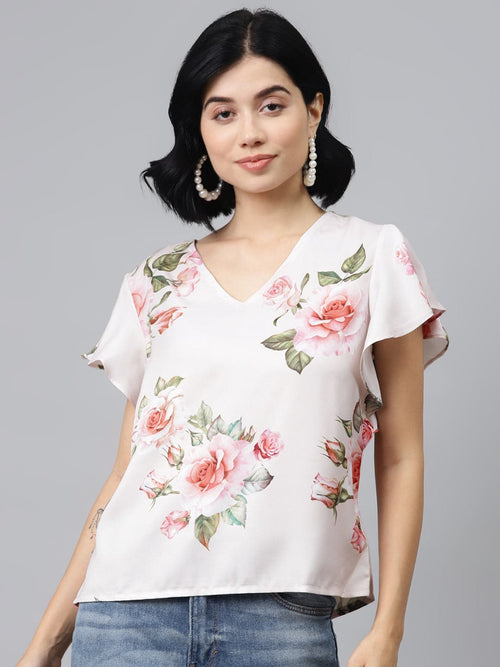 Nude Floral Flared Sleeve Top