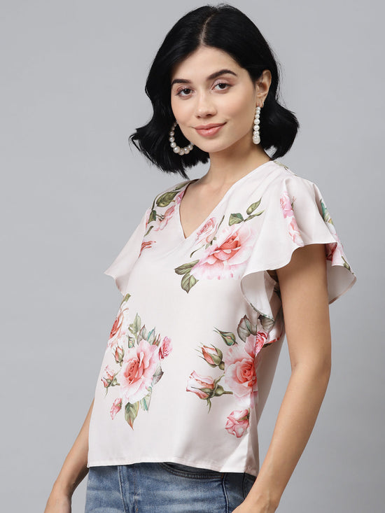 Nude Floral Flared Sleeve Top