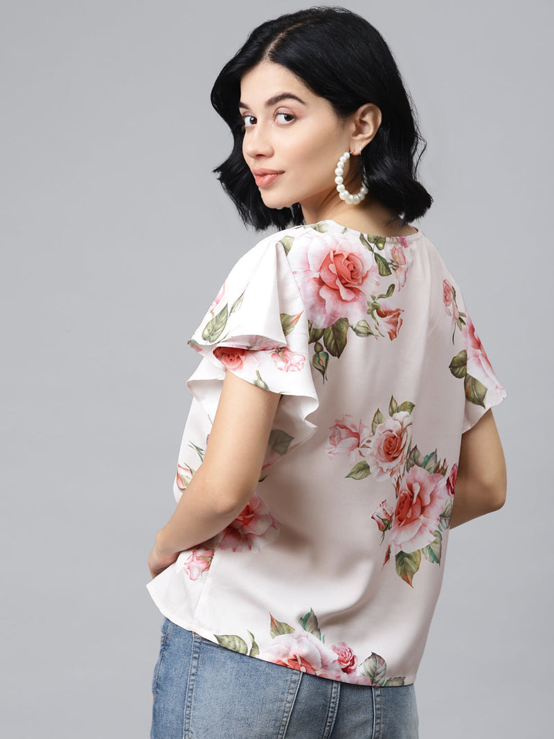 Nude Floral Flared Sleeve Top