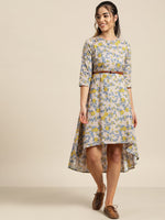 Grey Floral High Low Dress with PU Belt