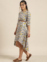 Grey Floral High Low Dress with PU Belt