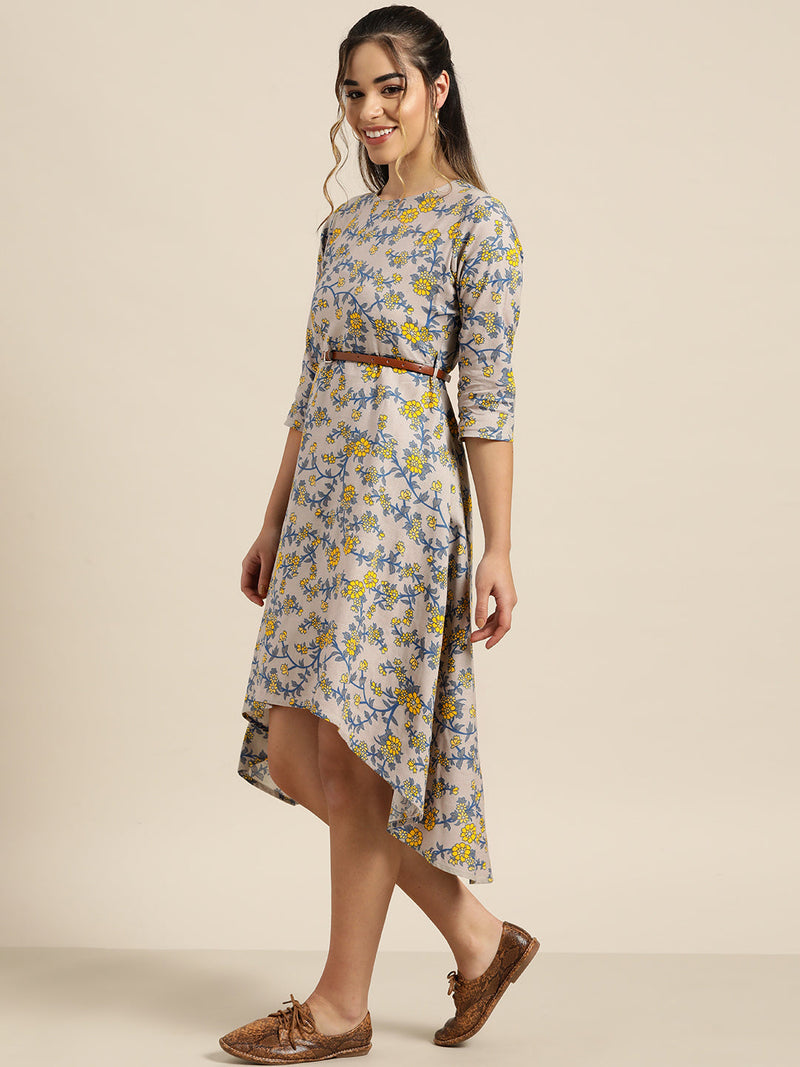 Grey Floral High Low Dress with PU Belt